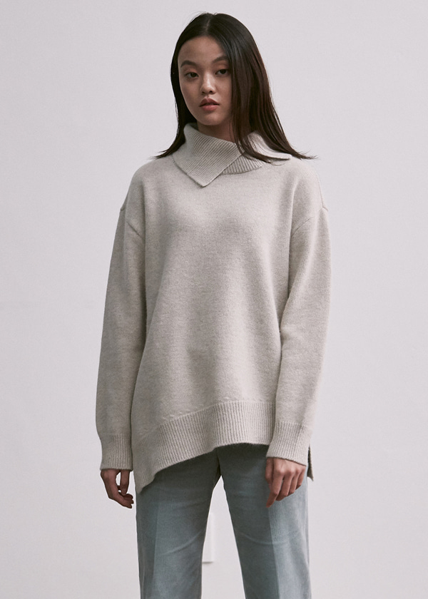 wool unbalanced turtleneck knit_gray
