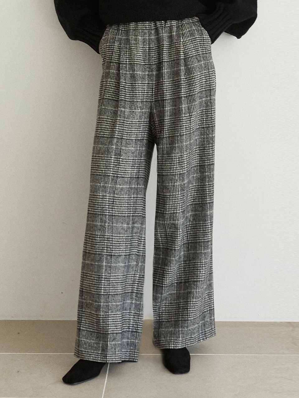 wool check wide pants (charcoal)