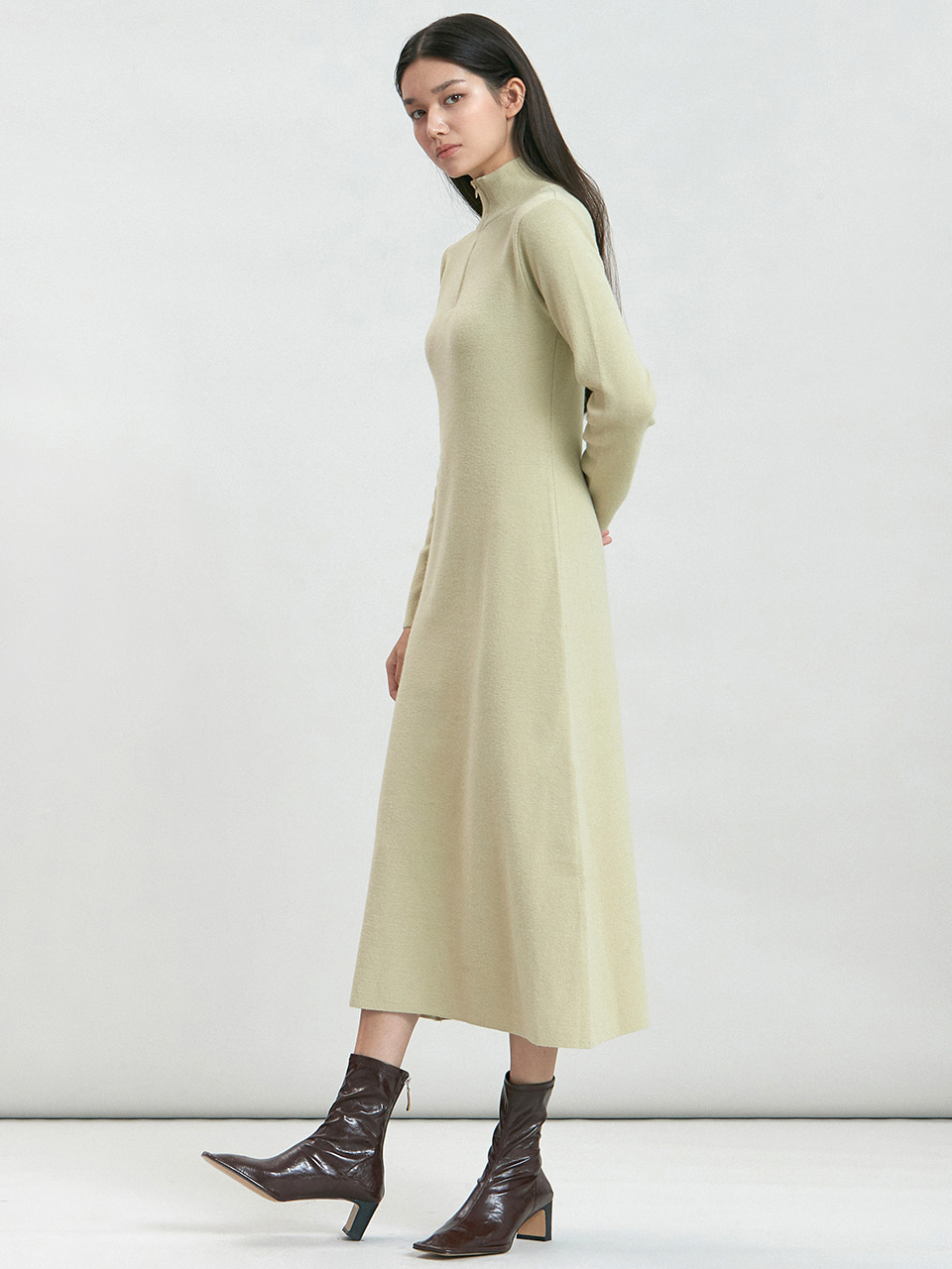 zip-up long knit onepiece (olive)