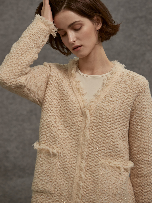 wool tweed knit cardigan_light beige