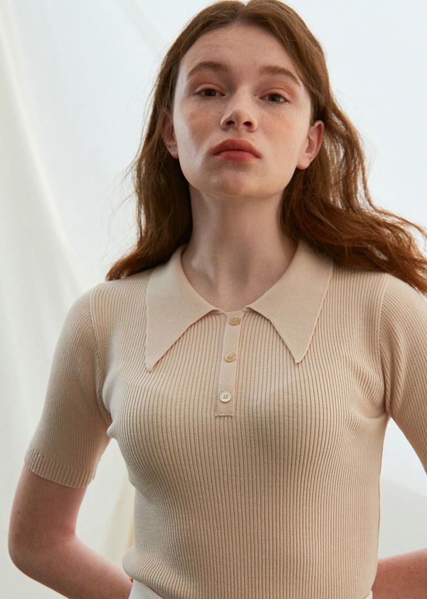 collar point knit top_beige