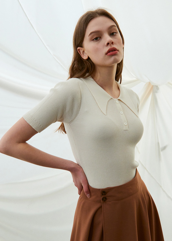 collar point knit top_ivory