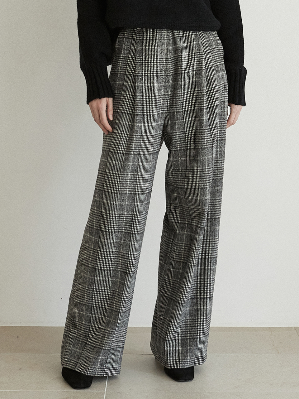 wool check wide pants (charcoal)