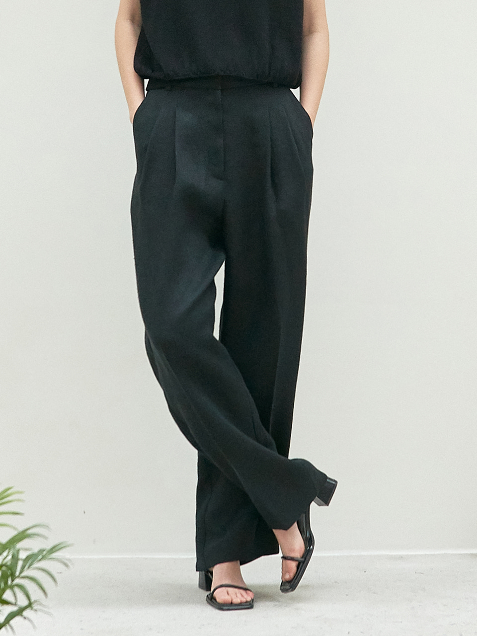 linen pintuck pants (black)