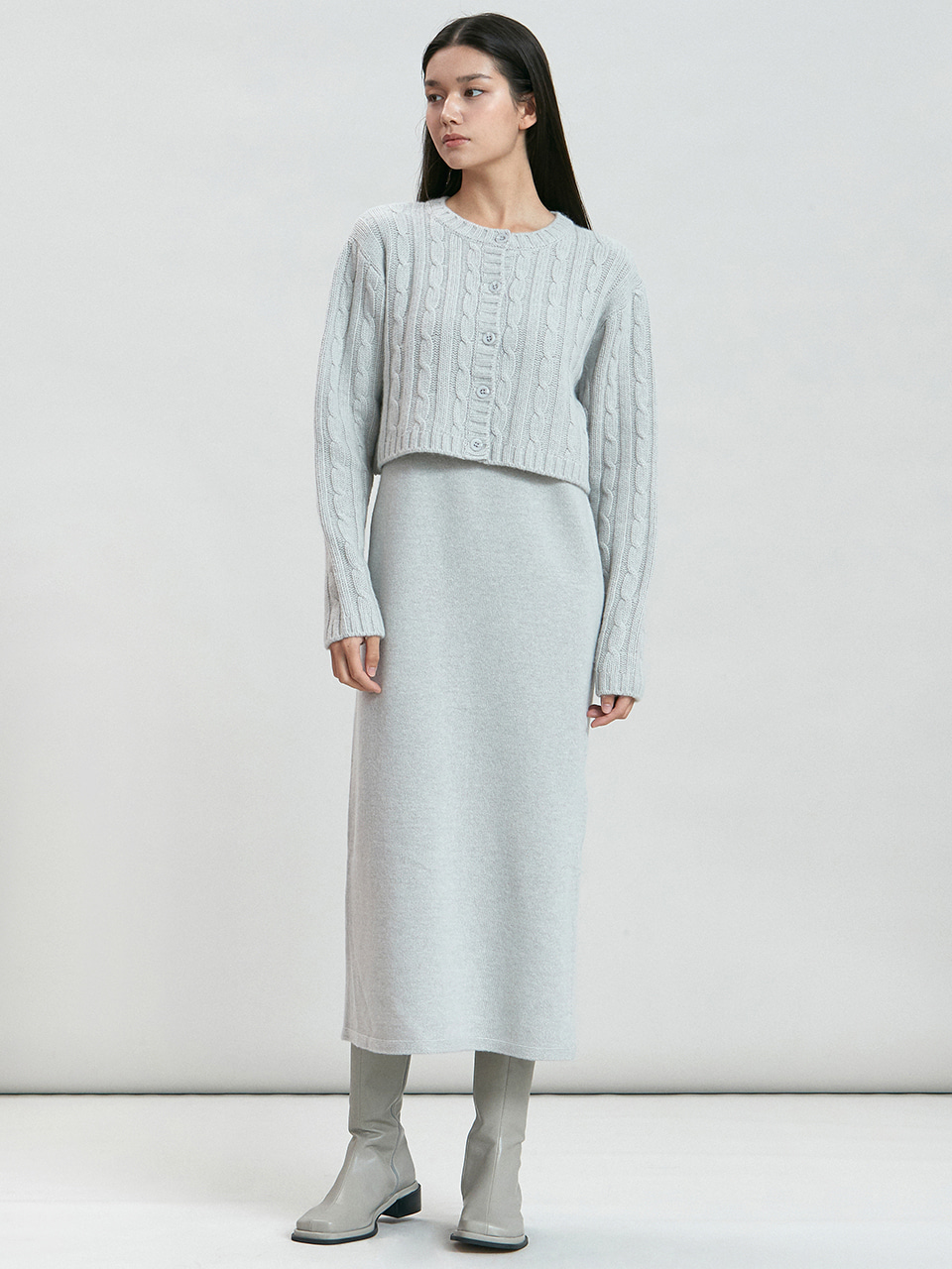 [SET]cashmere cable knit cardigan + sleeveless knit onepiece (light gray)