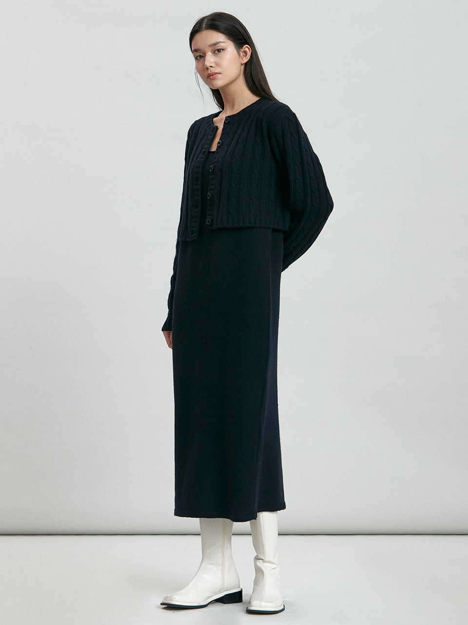 [SET]cashmere cable knit cardigan + sleeveless knit onepiece (dark navy)