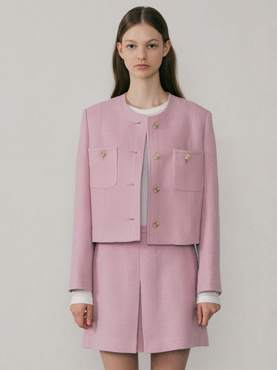 22Fall Flat Tweed Jacket (Pink)